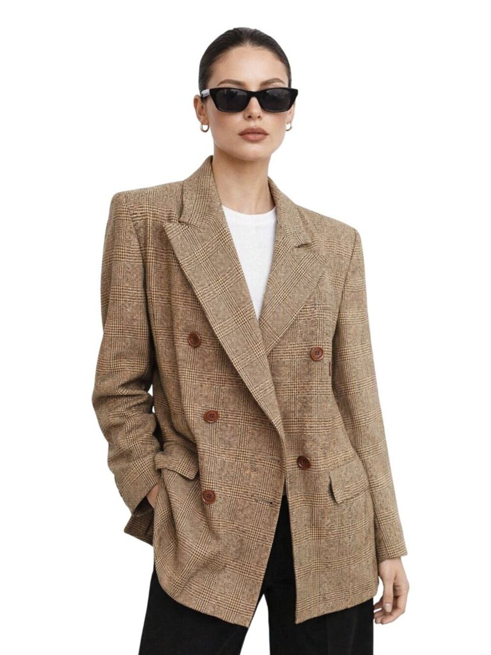 Vintage Preston York Women 12 Brown Plaid Double-Breasted Wool Blazer Jacket
